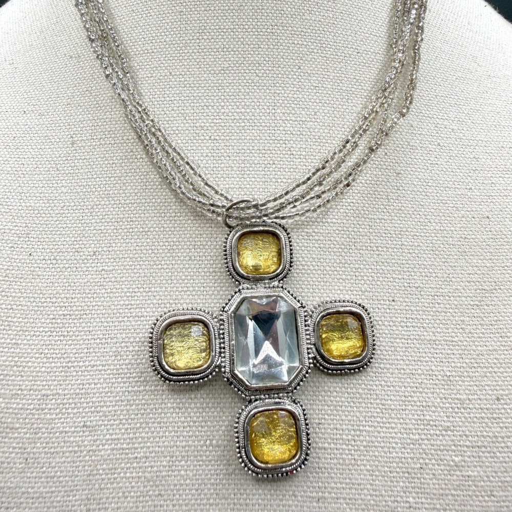 Amber & Silver Tone Cross Pendant Necklace Glass Multi Strand Beaded Vintage